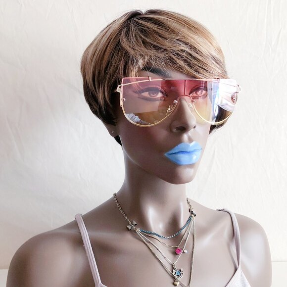 Oceanic Color Accessories - Oversized Y2K Shield Sunglasses Pink Yellow
